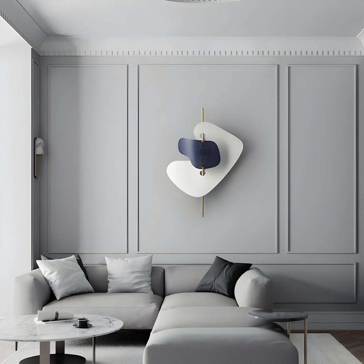 Applique murale design en tôle d'acier grise et blanche, vue 3