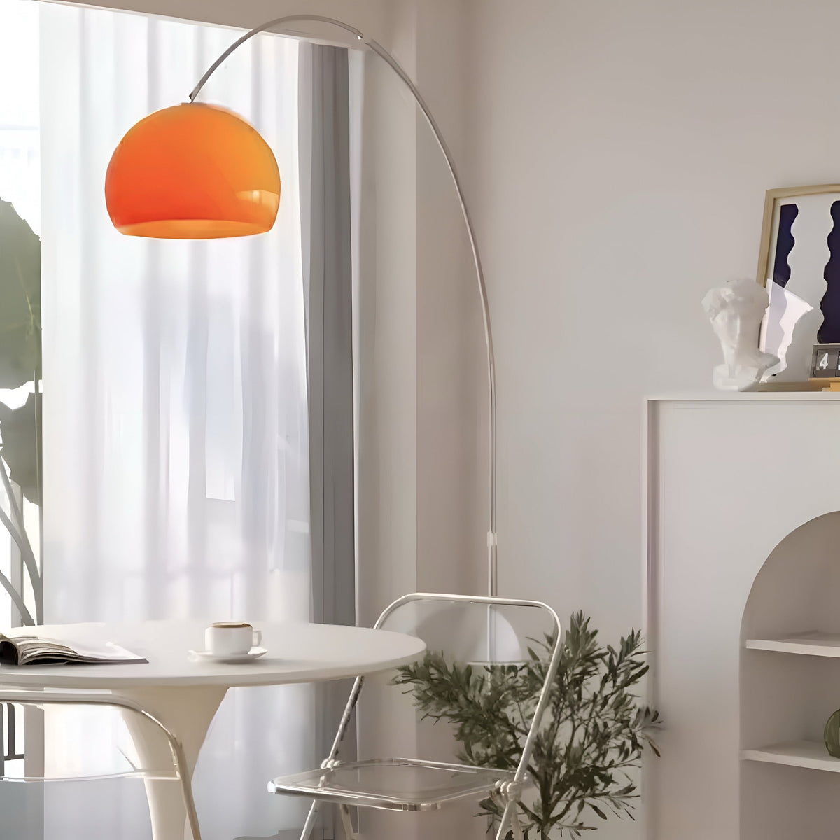 Lampadaire arc orange à pied en marbre blanc, vue 4