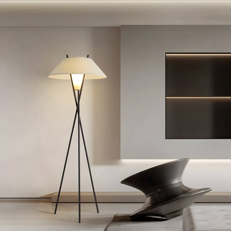 Lampadaire japonais à abat-jour en tissu blanc, pied noir