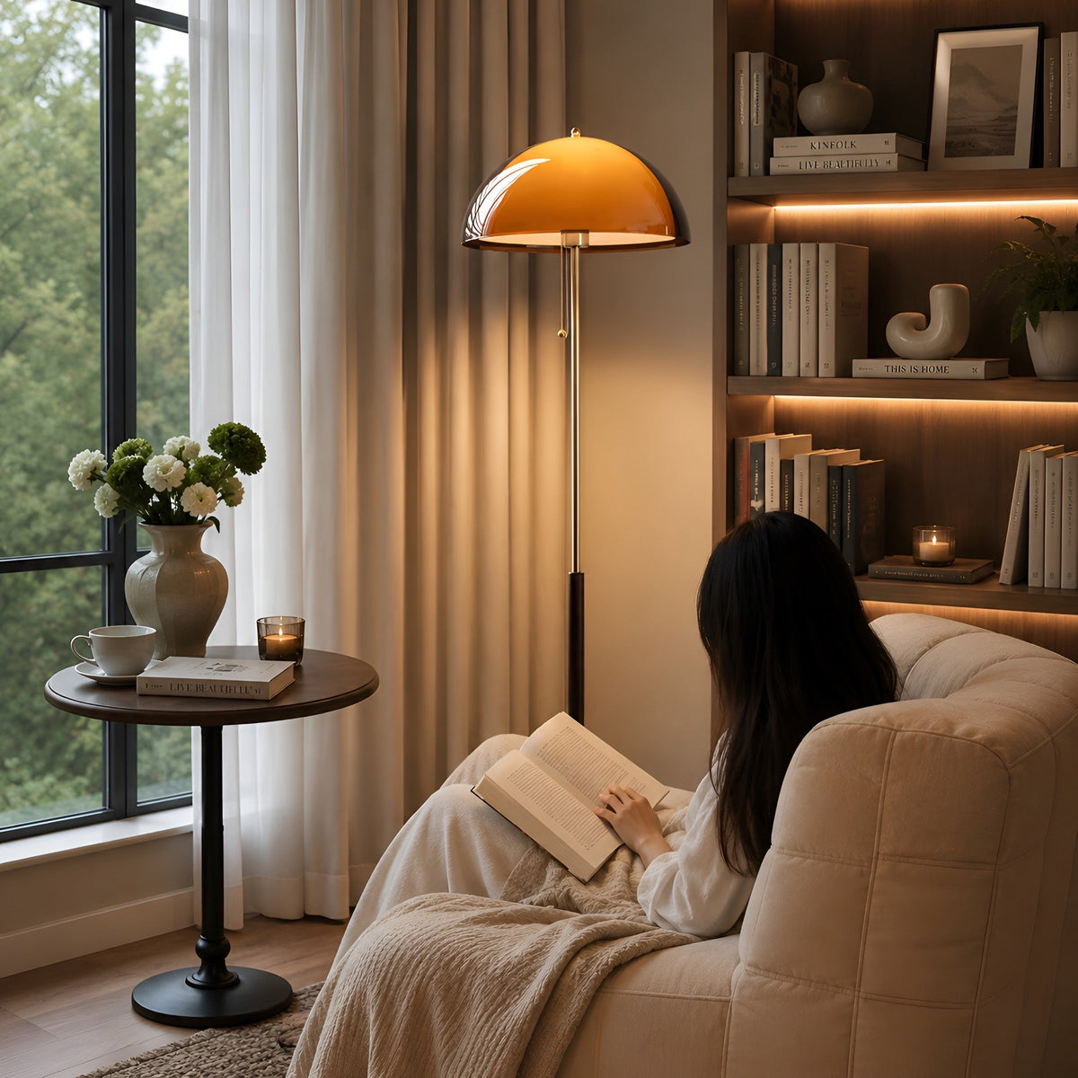 Lampadaire japonais champignon à abat-jour ambre, vue 2