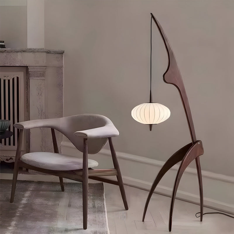 Lampadaire japonais en bois et abat-jour blanc