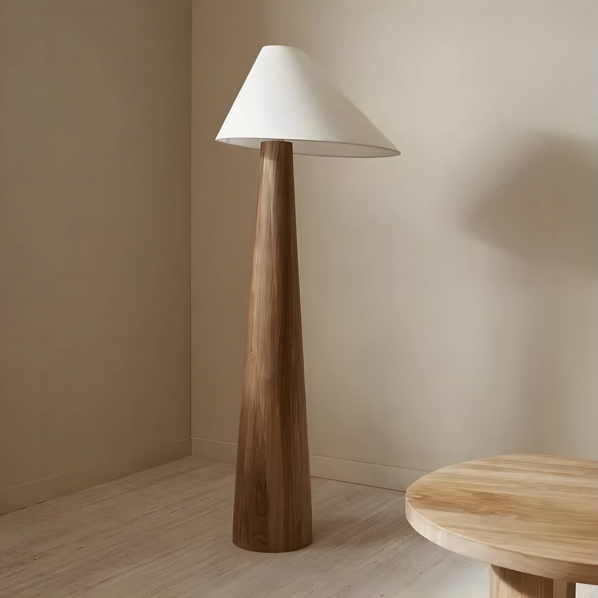 Lampadaire japonais en chêne massif et abat-jour tissu