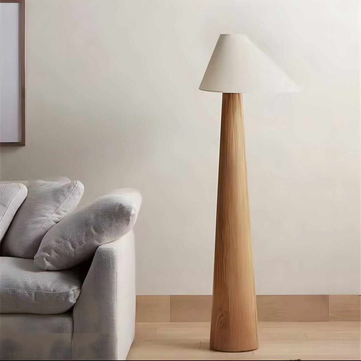 Lampadaire japonais en chêne massif et abat-jour tissu, vue 2