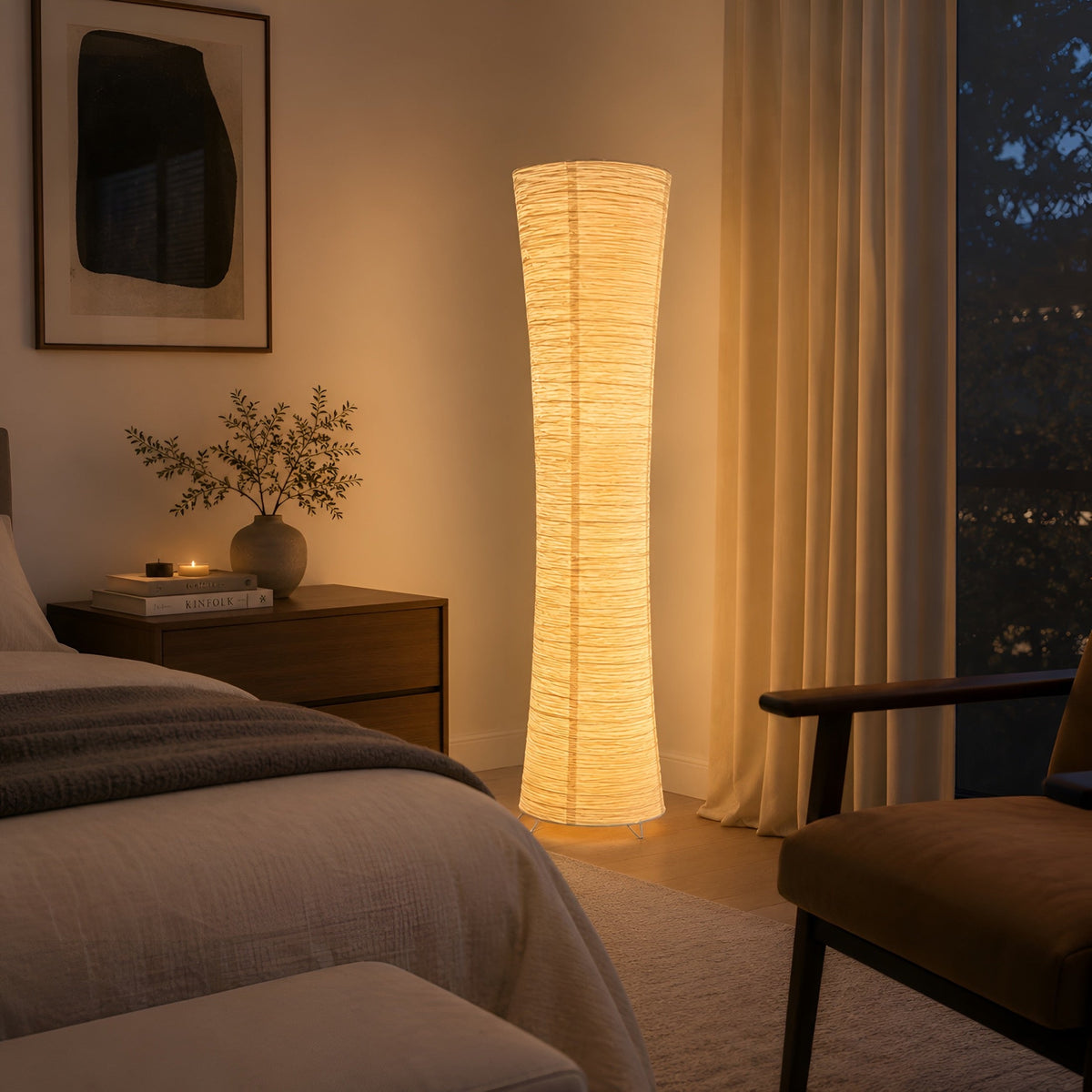 Lampadaire japonais en papier de riz blanc, LED