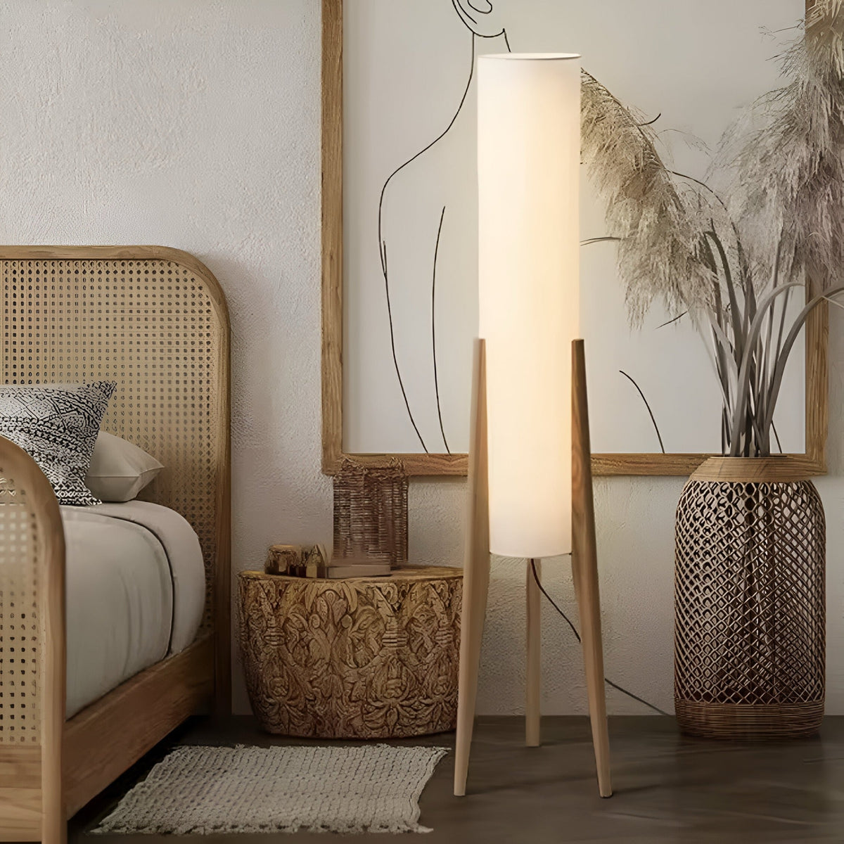 Lampadaire japonais trépied en bois massif, abat-jour tissu