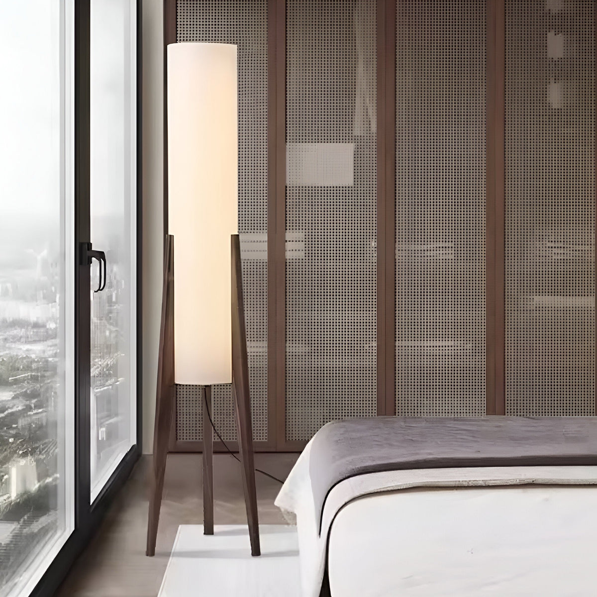 Lampadaire japonais trépied en bois massif, abat-jour tissu, vue 4