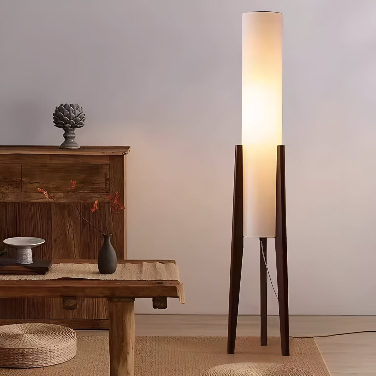 Lampadaire japonais trépied en bois massif, abat-jour tissu, vue 5