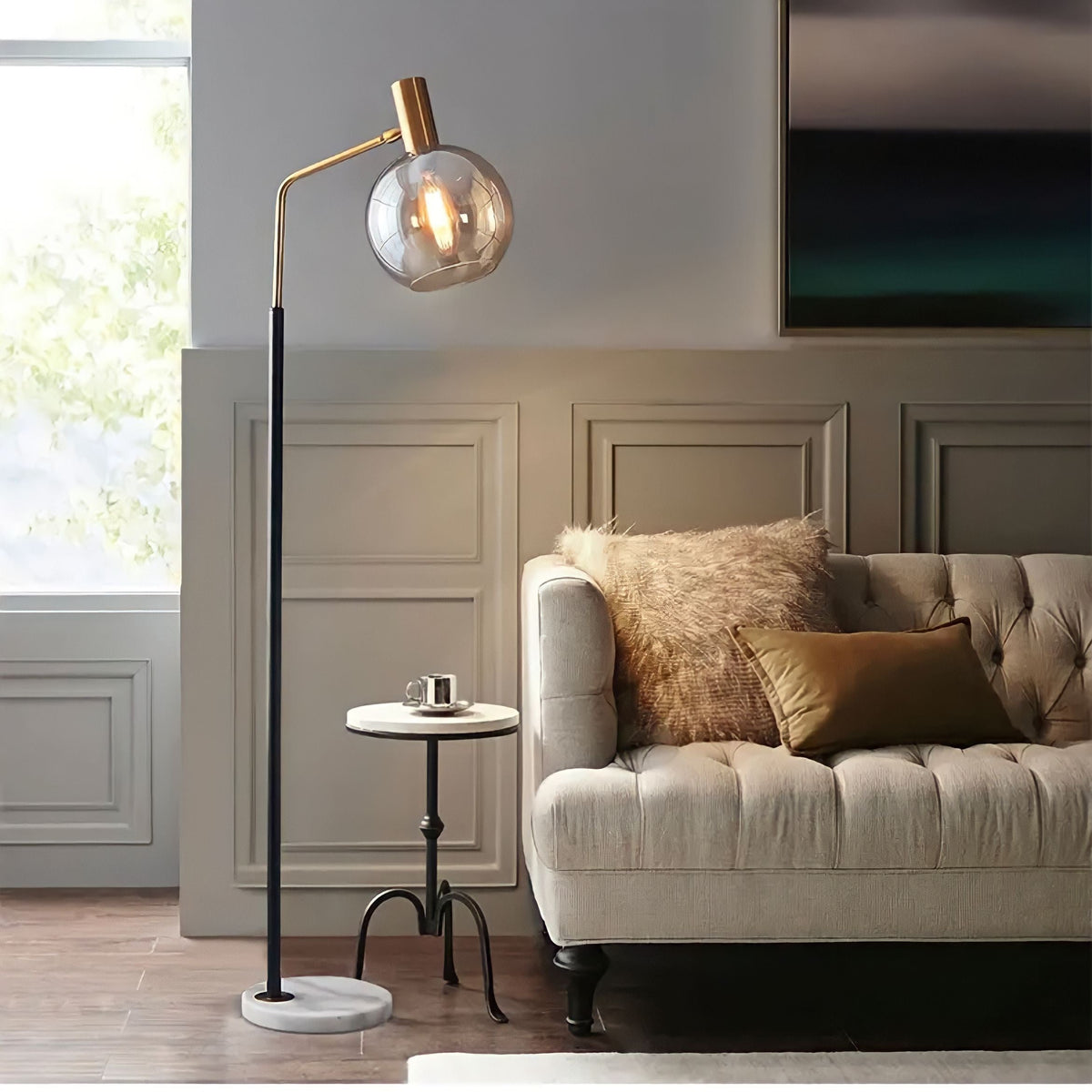 Lampadaire marbre à globe en verre, quatre teintes
