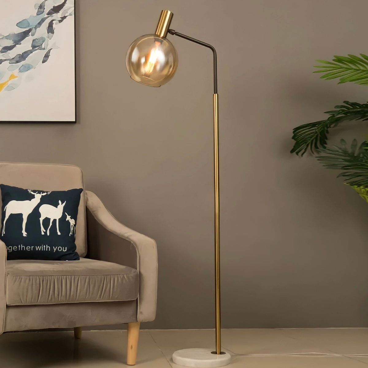 Lampadaire marbre à globe en verre, quatre teintes, vue 2