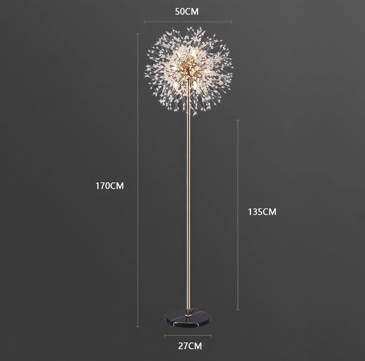 Lampadaire marbre et cristal K9 en forme de pissenlit, vue 7