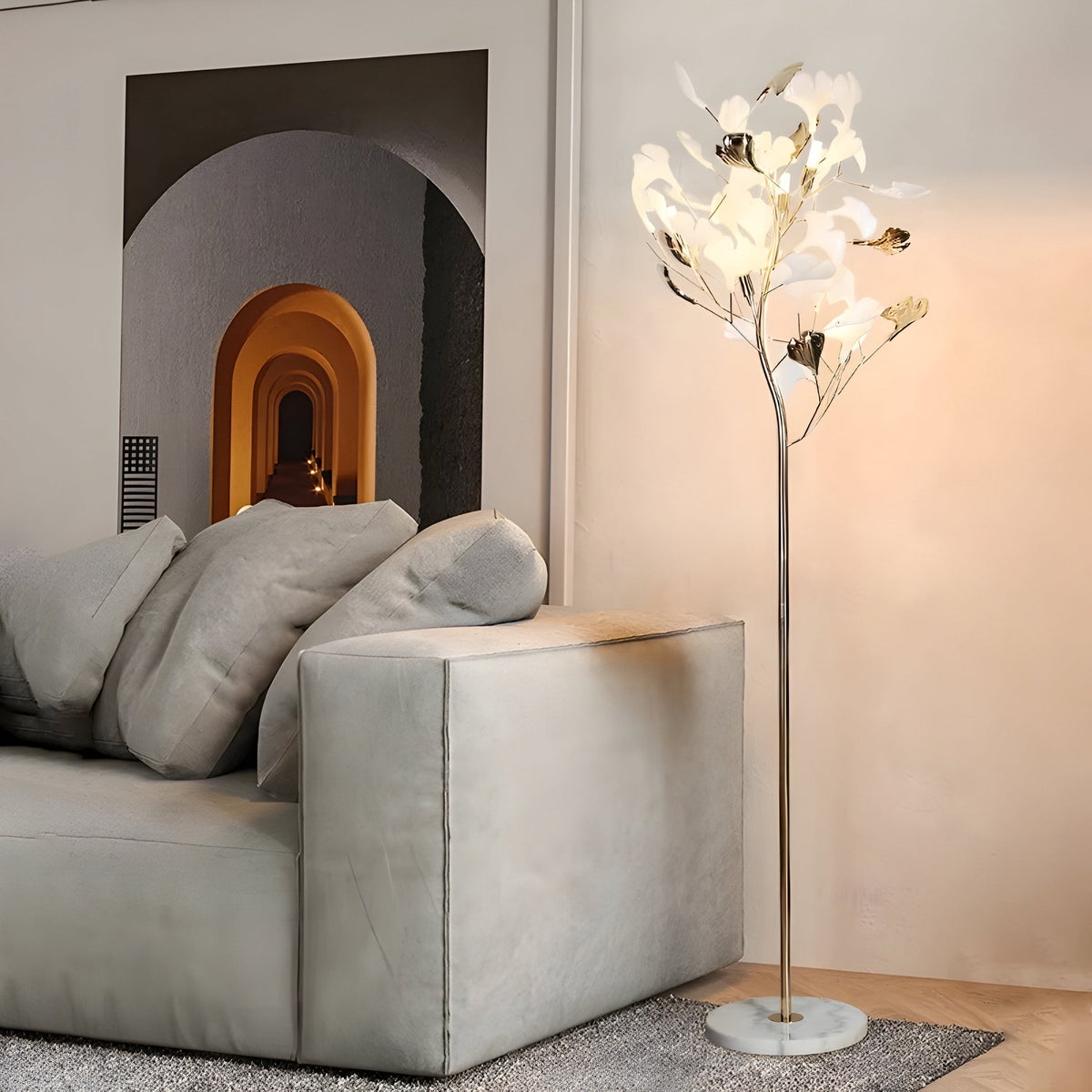 Lampadaire marbre imité ou doré, feuilles de ginkgo en céramique, vue 4