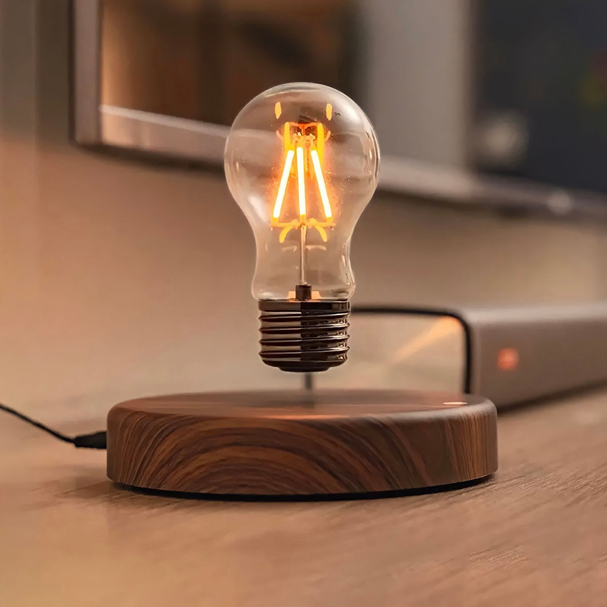 Lampe à poser ampoule lévitante, socle effet noyer