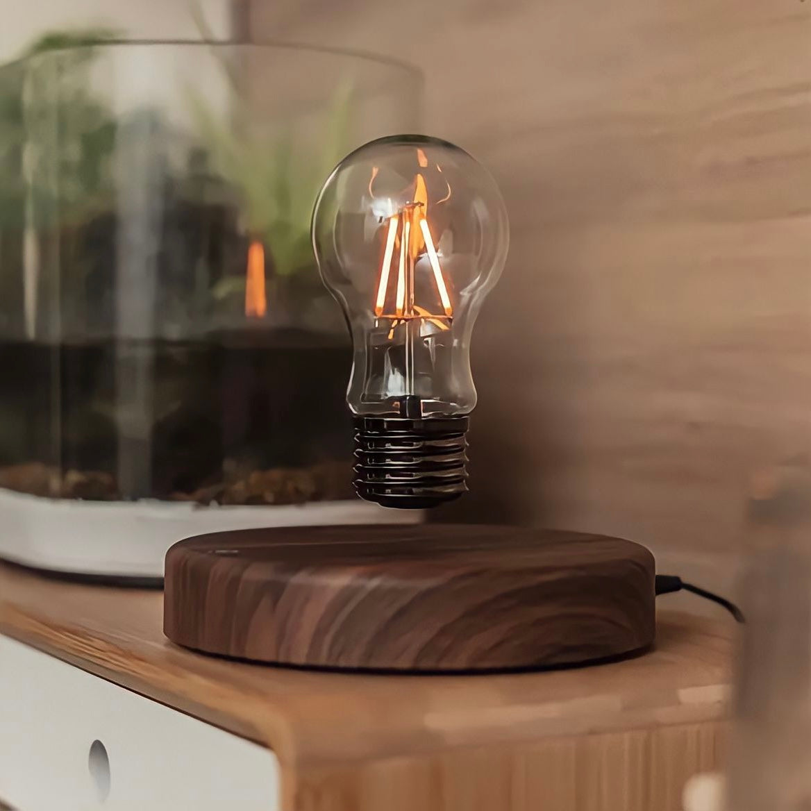 Lampe à poser ampoule lévitante, socle effet noyer, vue 3