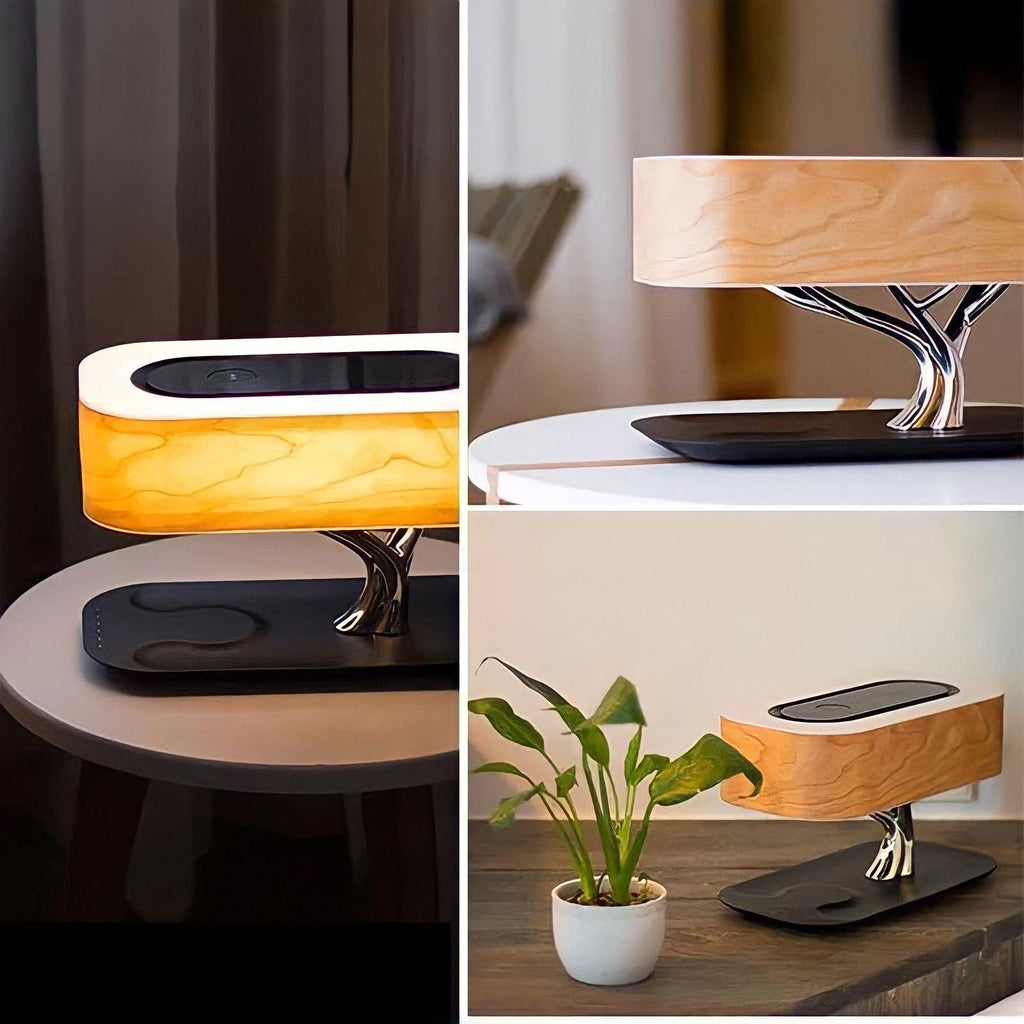 Lampe à poser en bois avec enceinte Bluetooth et recharge sans fil, vue 4