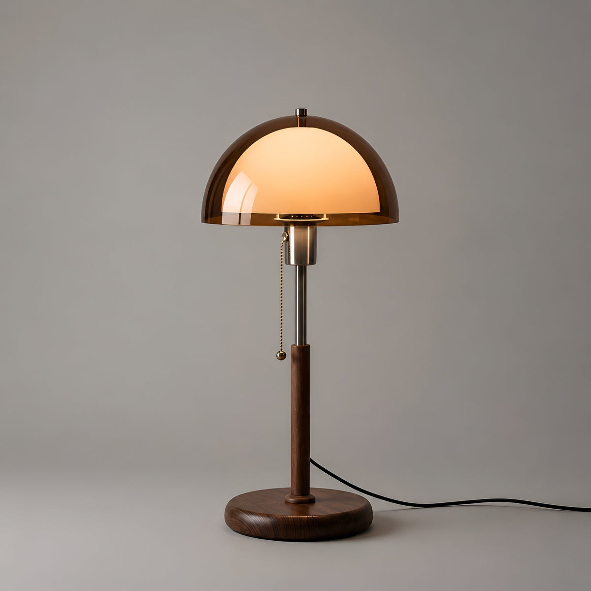 Lampe de chevet champignon en verre ambré, pied bois