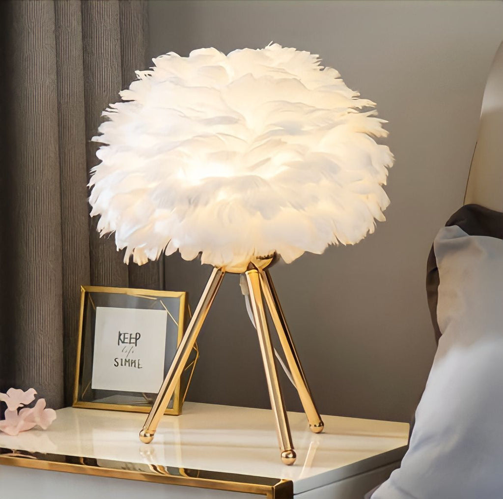 Lampe de chevet design à plumes, blanche, pêche ou noire