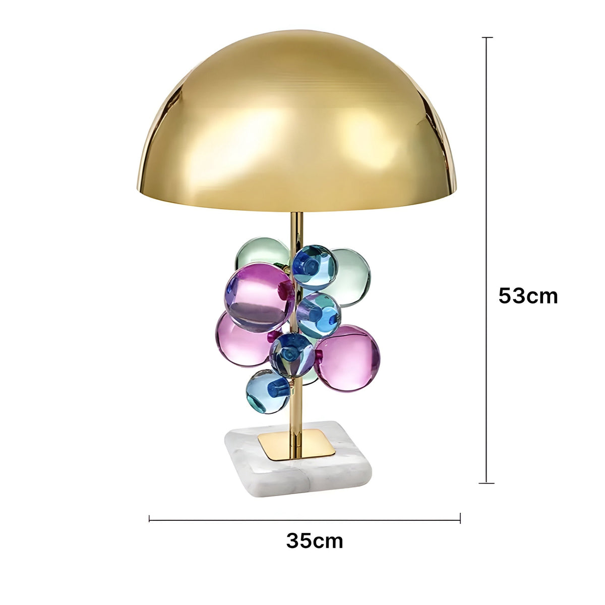 Lampe de chevet dorée à boules de verre colorées et socle marbre, vue 13