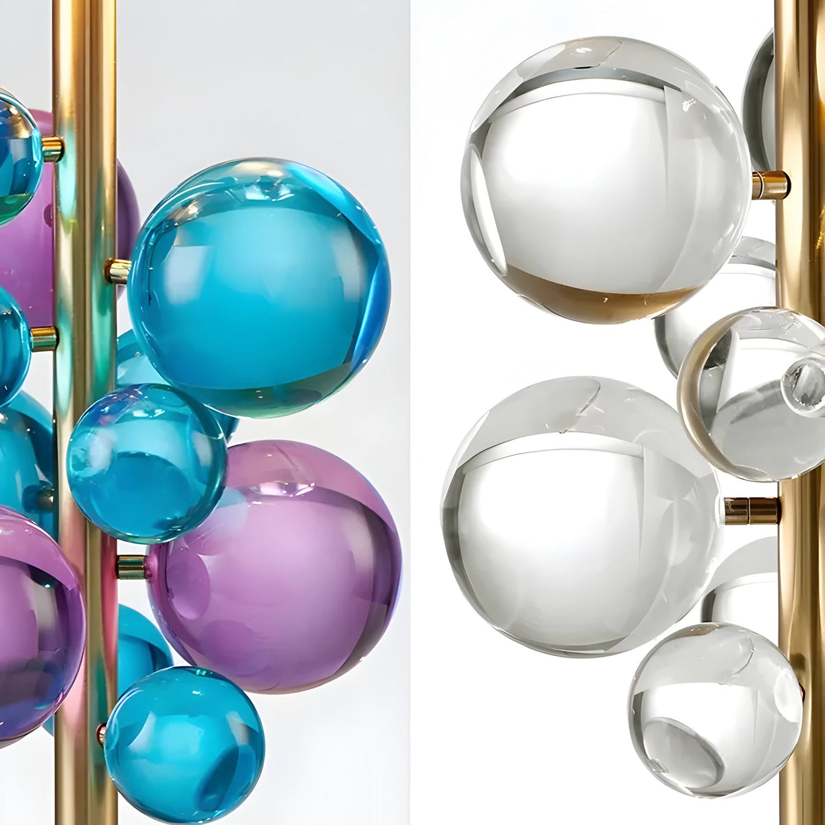 Lampe de chevet dorée à boules de verre colorées et socle marbre, vue 4