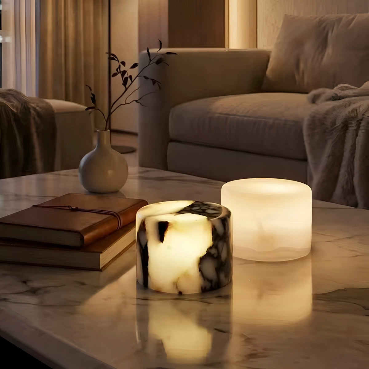 Lampe de chevet tactile cylindrique effet marbre, rechargeable