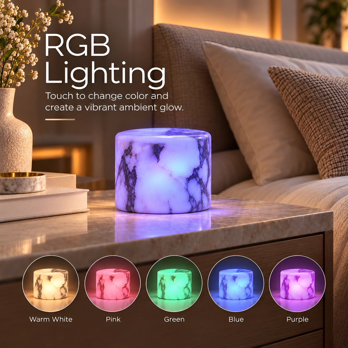 Lampe de chevet tactile cylindrique effet marbre, rechargeable, vue 14