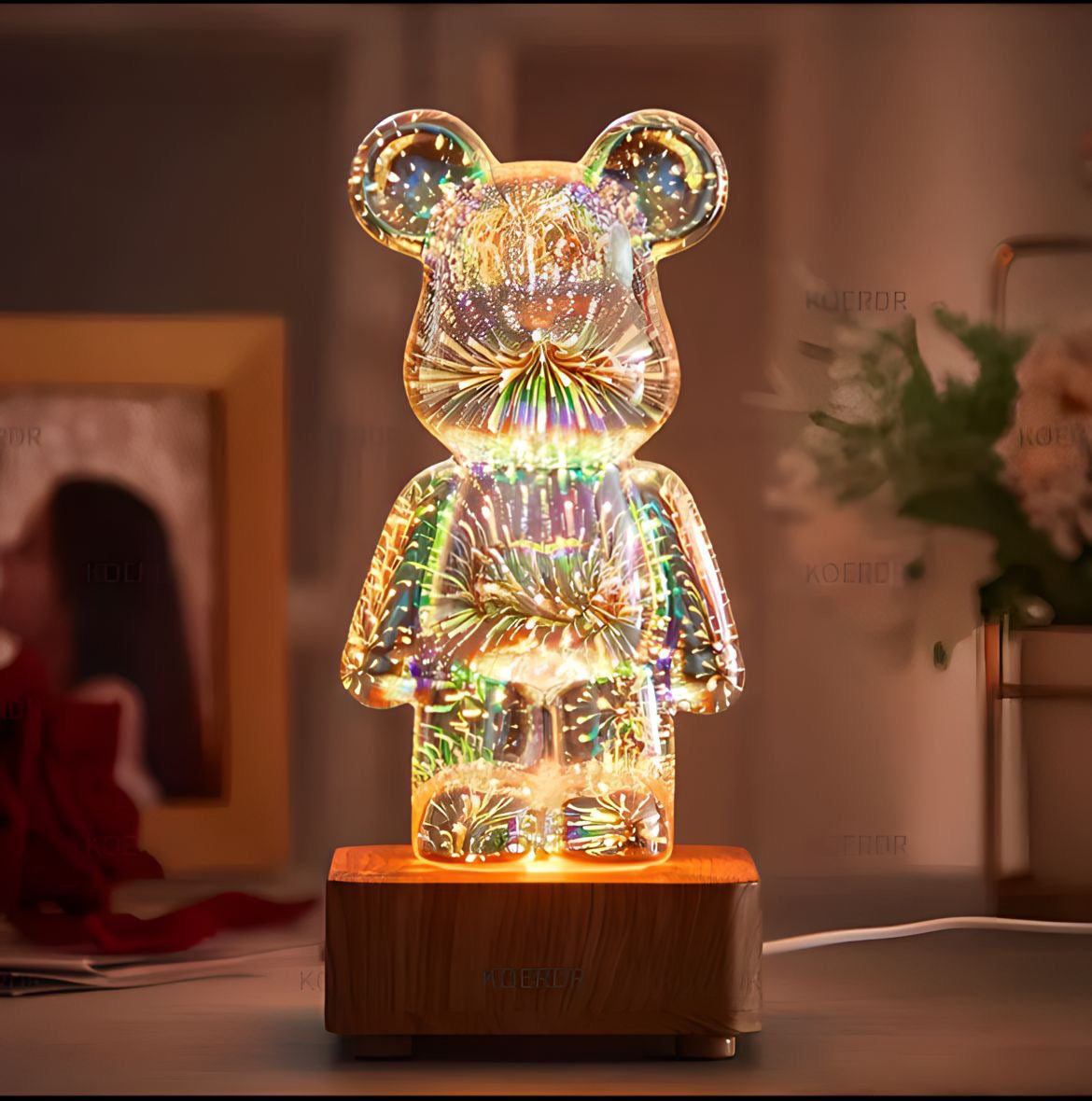 Lampe ours en verre argenté, socle effet bois