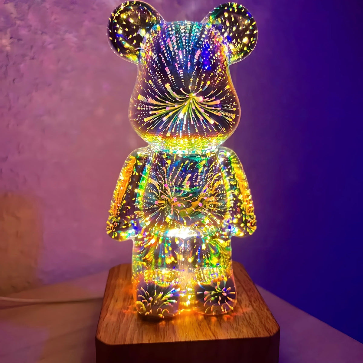 Lampe ours en verre argenté, socle effet bois, vue 3