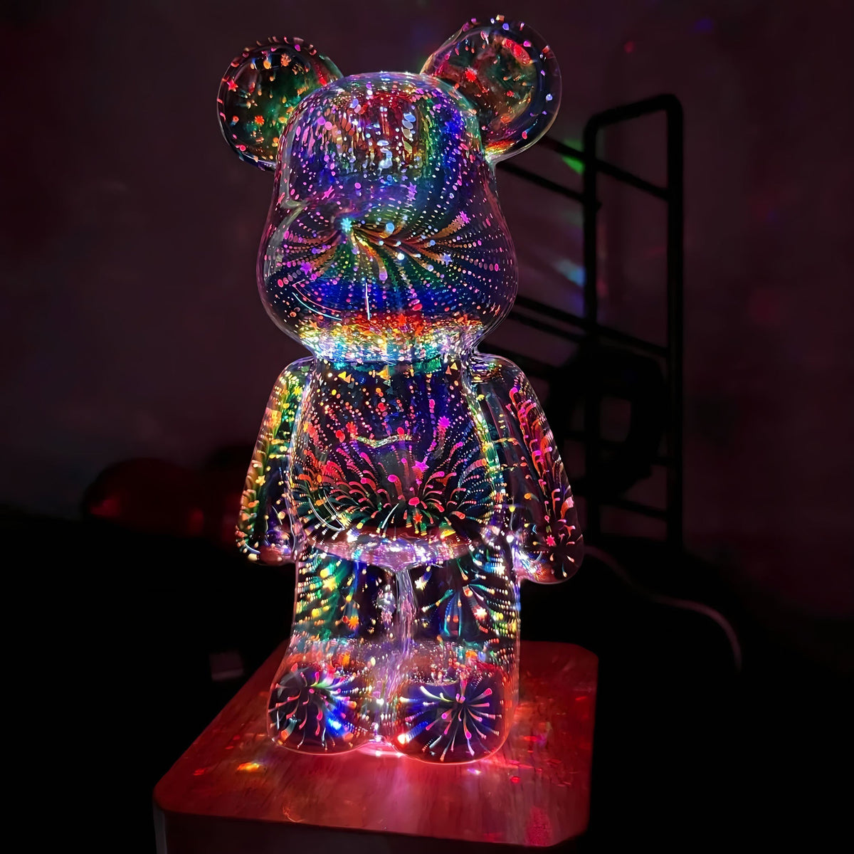 Lampe ours en verre argenté, socle effet bois, vue 4