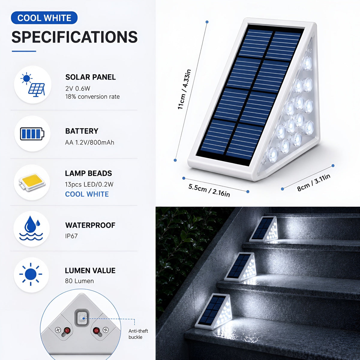 Lampe solaire pour marches d'escalier, détecteur crépusculaire, vue 8
