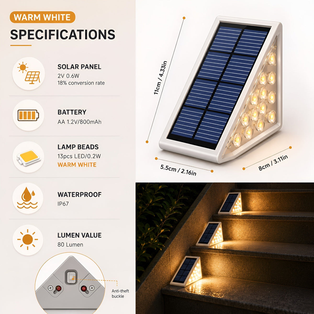 Lampe solaire pour marches d'escalier, détecteur crépusculaire, vue 9