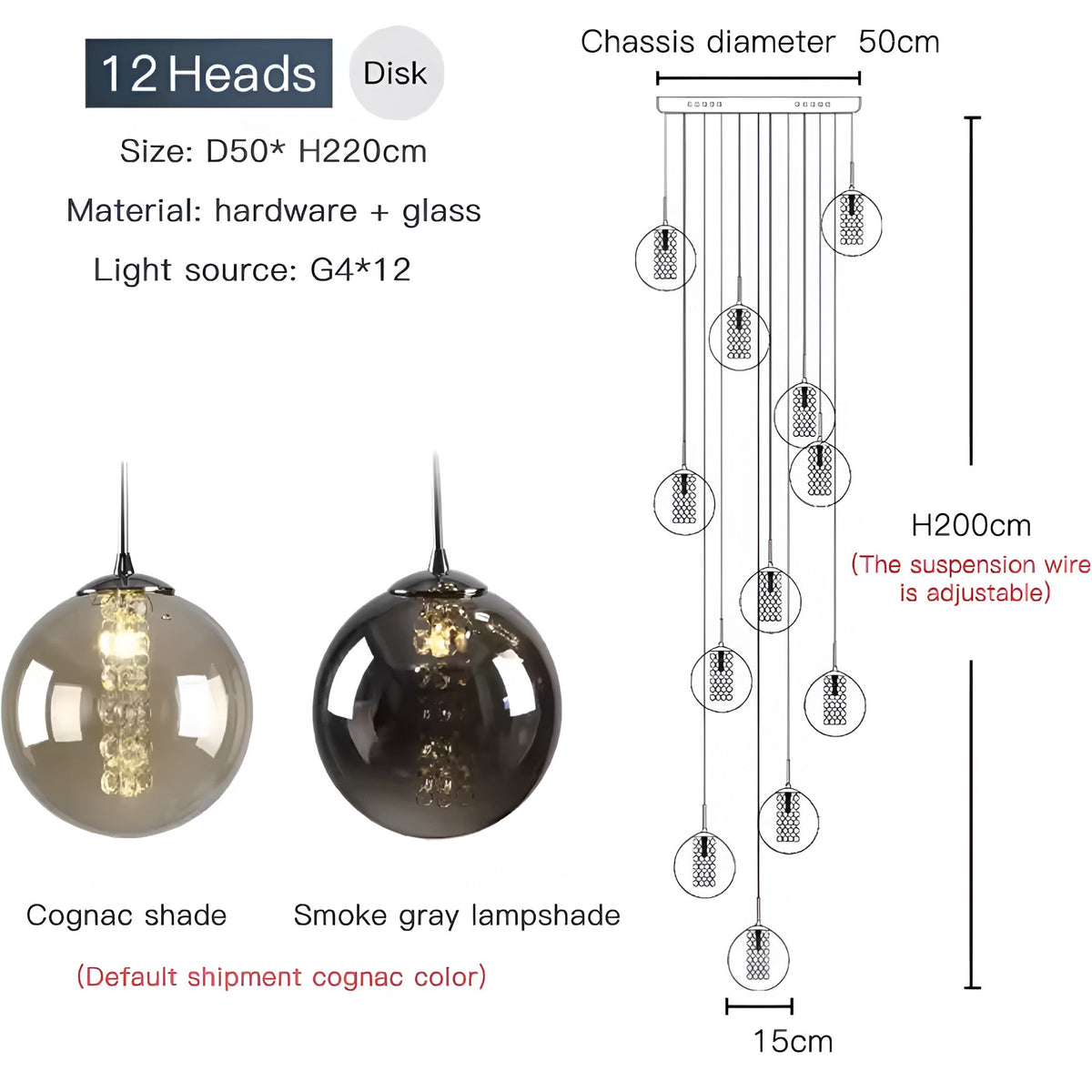 Lustre boule en grappe de globes de verre cognac, vue 13