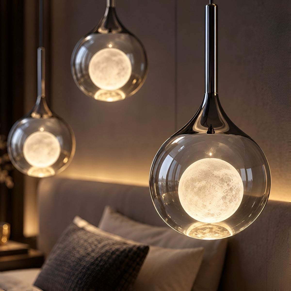 Lustre boule en verre fumé à cœur effet lune