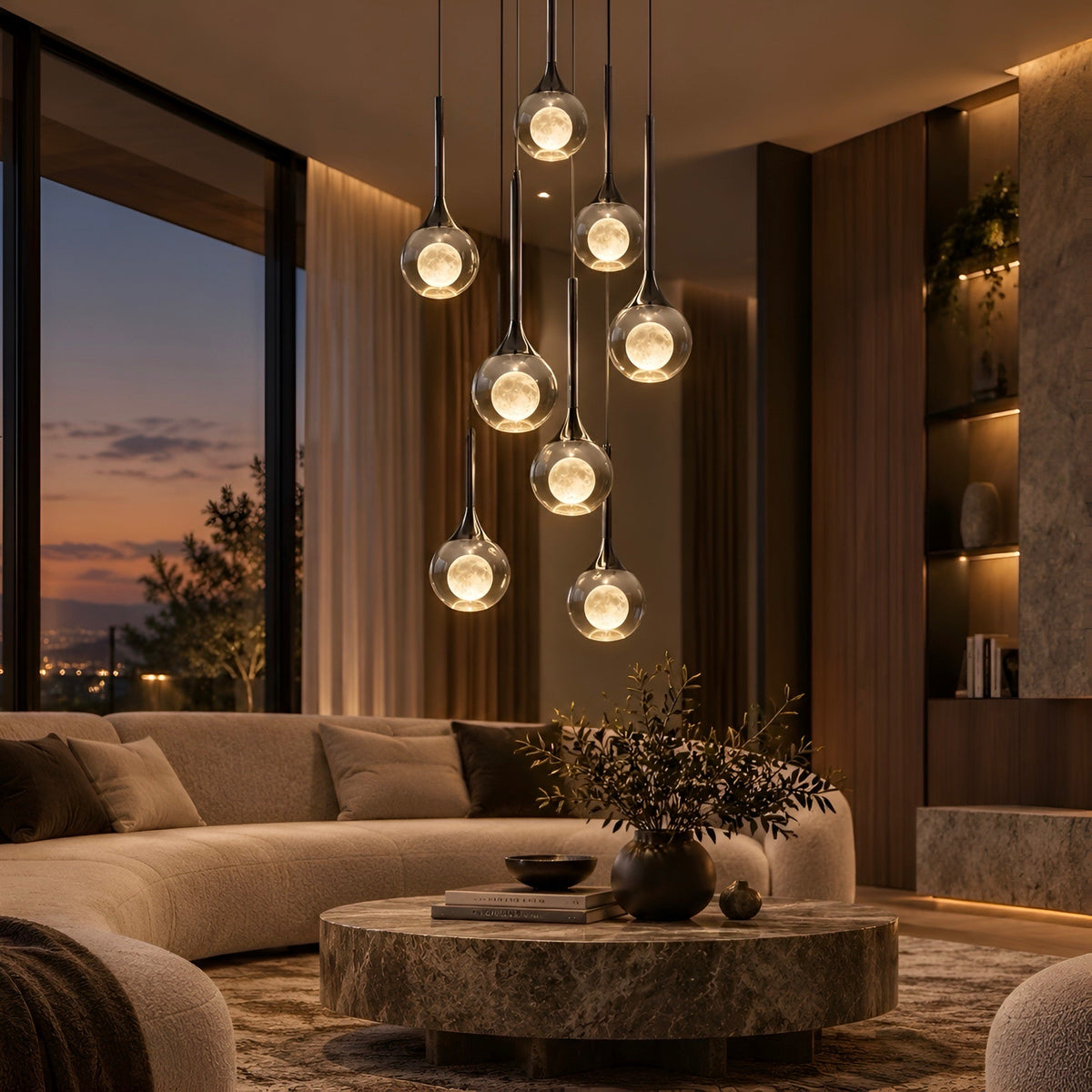 Lustre boule en verre fumé à cœur effet lune, vue 4