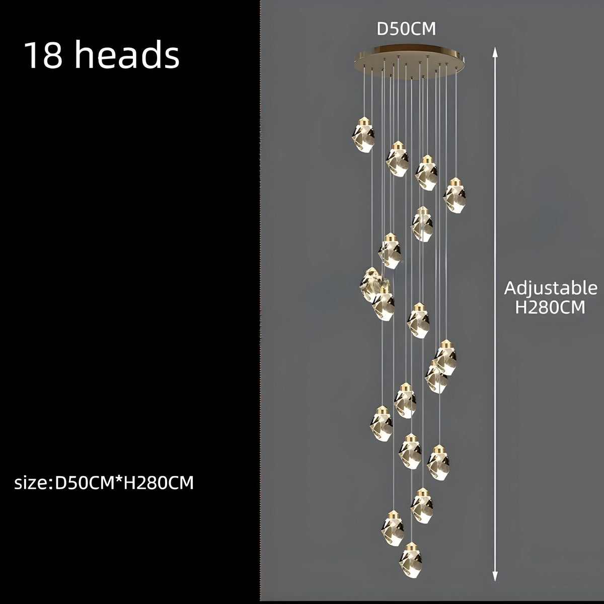 Lustre cristal K9 doré à hauteur réglable, 3 à 35 lumières, vue 15