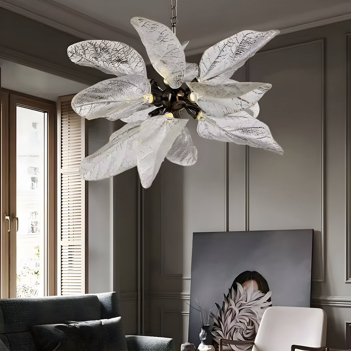 Lustre cristal noir en forme de fleurs, chaîne apparente, vue 3