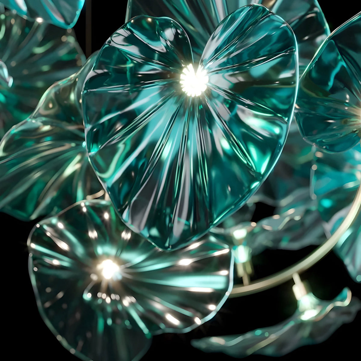 Lustre cristal vert en feuille de nénuphar, tige laiton