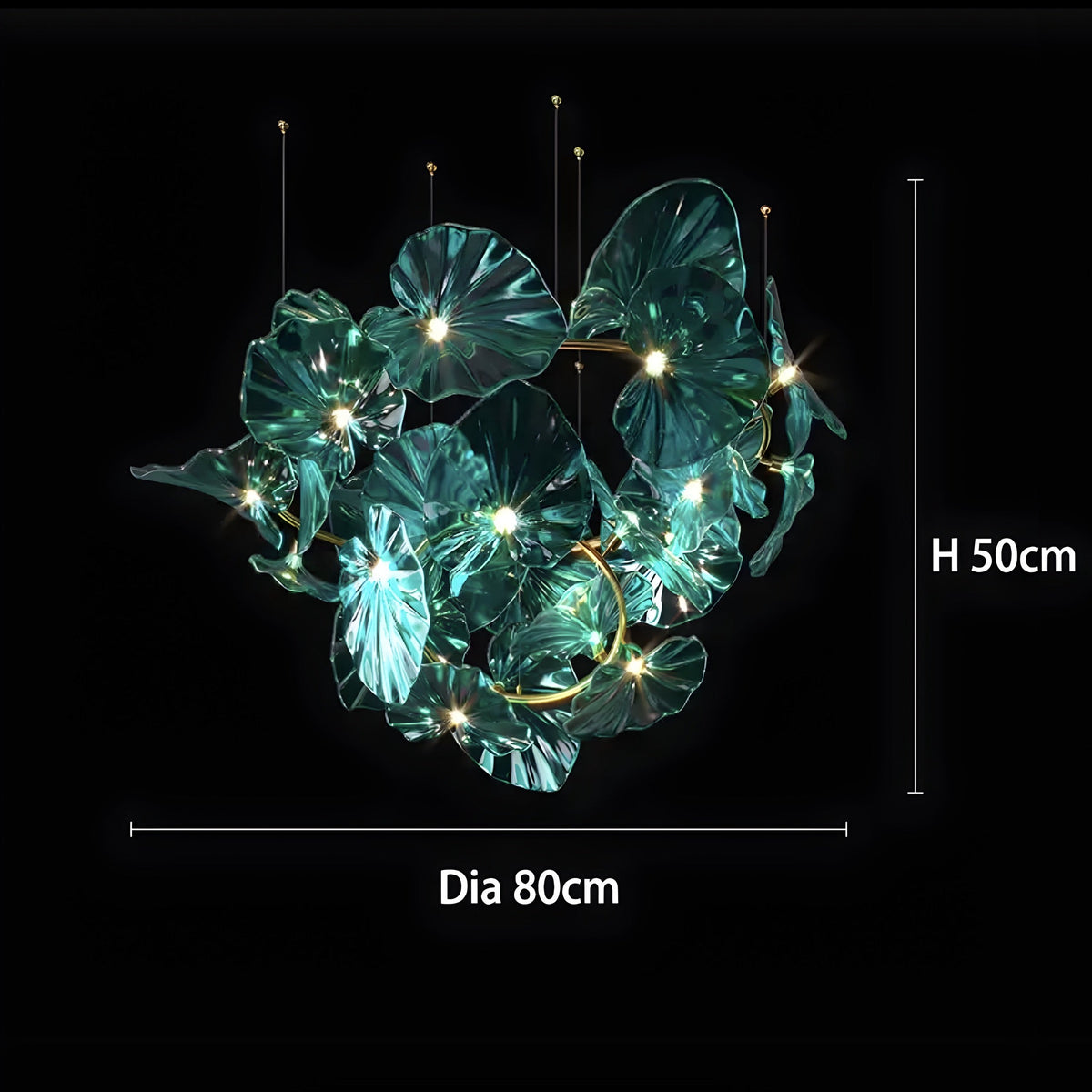 Lustre cristal vert en feuille de nénuphar, tige laiton, vue 11