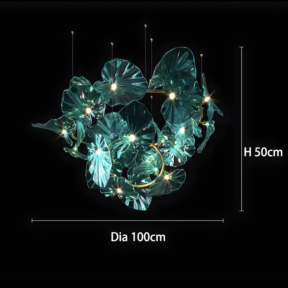 Lustre cristal vert en feuille de nénuphar, tige laiton, vue 12