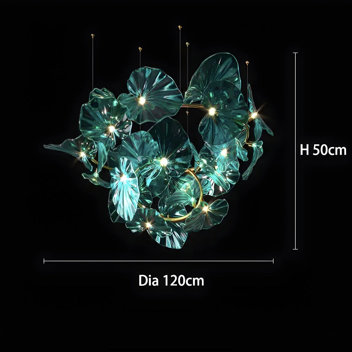 Lustre cristal vert en feuille de nénuphar, tige laiton, vue 13