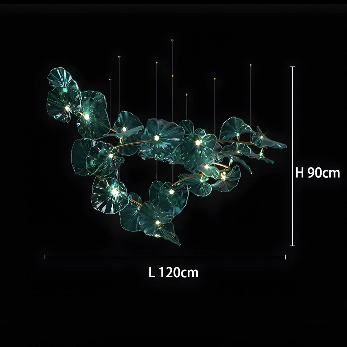 Lustre cristal vert en feuille de nénuphar, tige laiton, vue 14