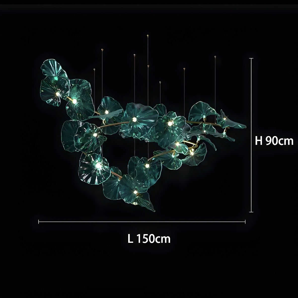 Lustre cristal vert en feuille de nénuphar, tige laiton, vue 15