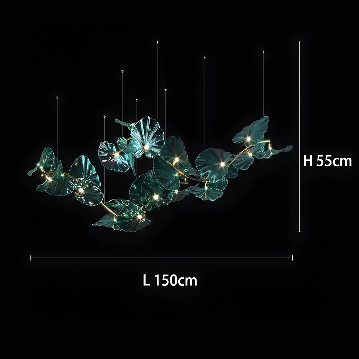 Lustre cristal vert en feuille de nénuphar, tige laiton, vue 16