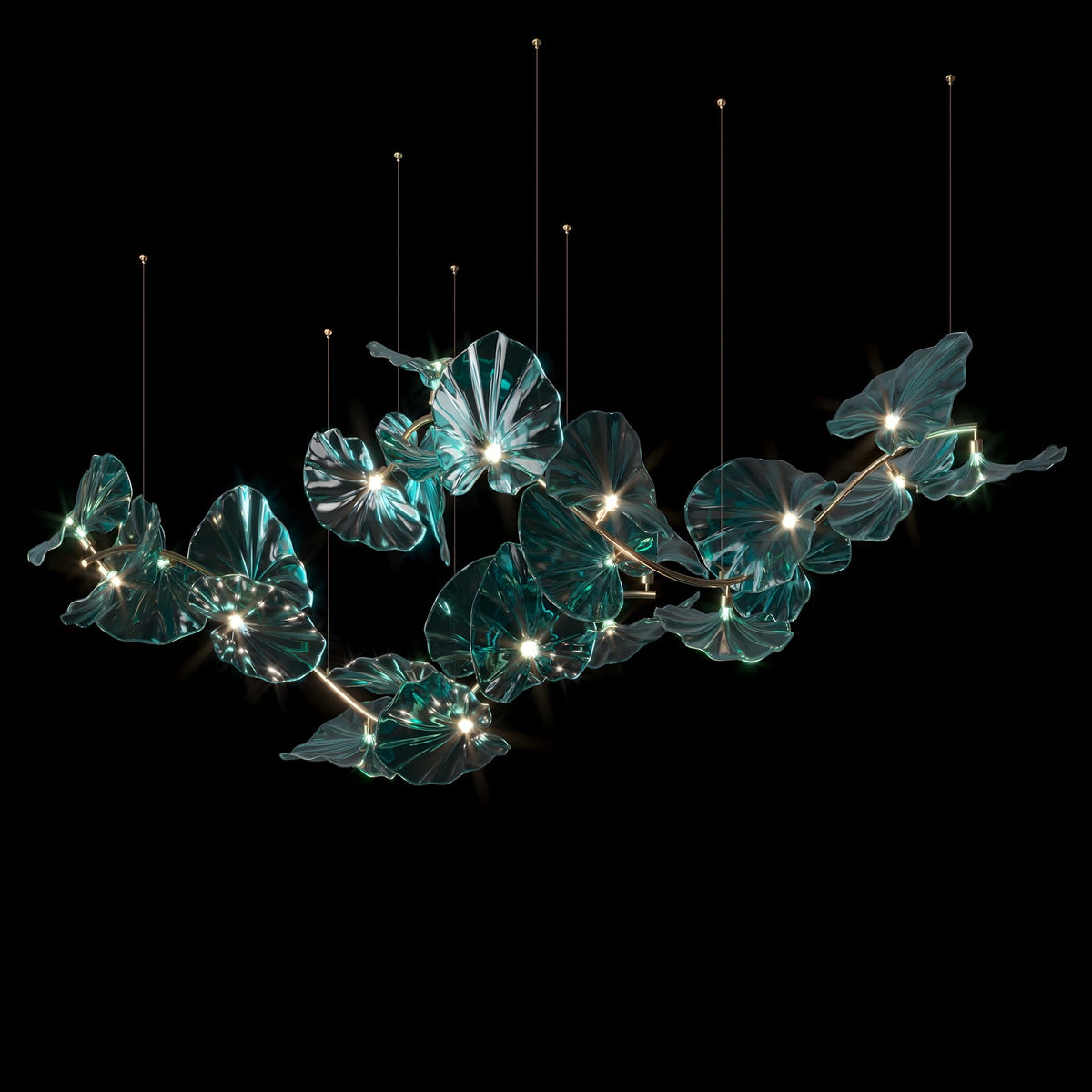 Lustre cristal vert en feuille de nénuphar, tige laiton, vue 2