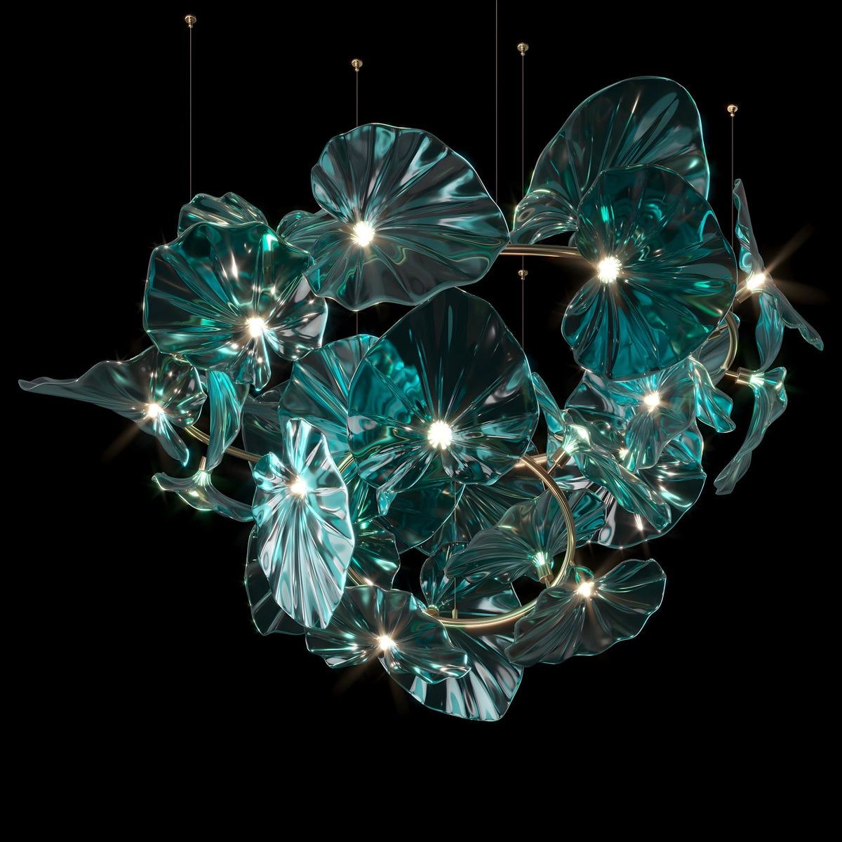 Lustre cristal vert en feuille de nénuphar, tige laiton, vue 3