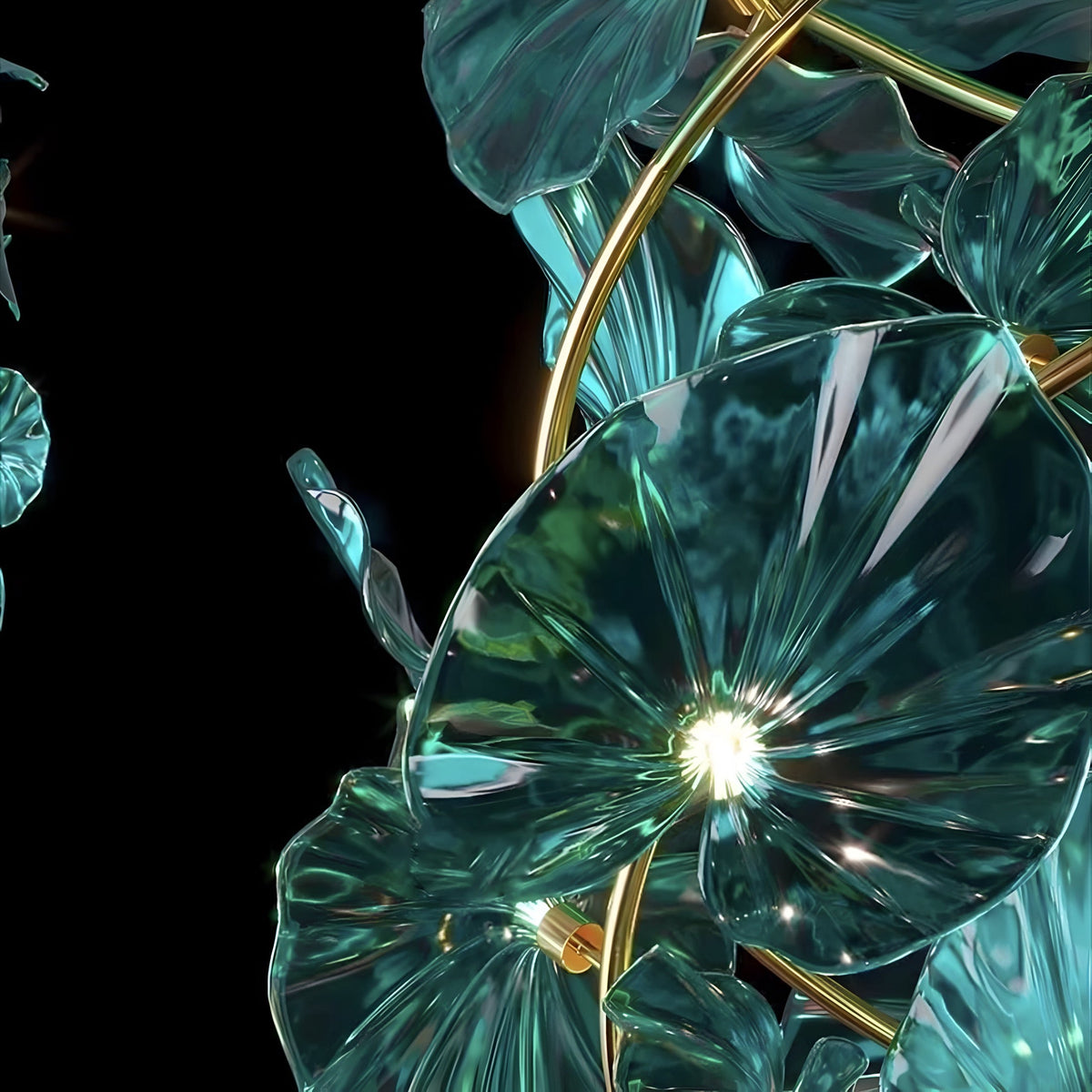 Lustre cristal vert en feuille de nénuphar, tige laiton, vue 4