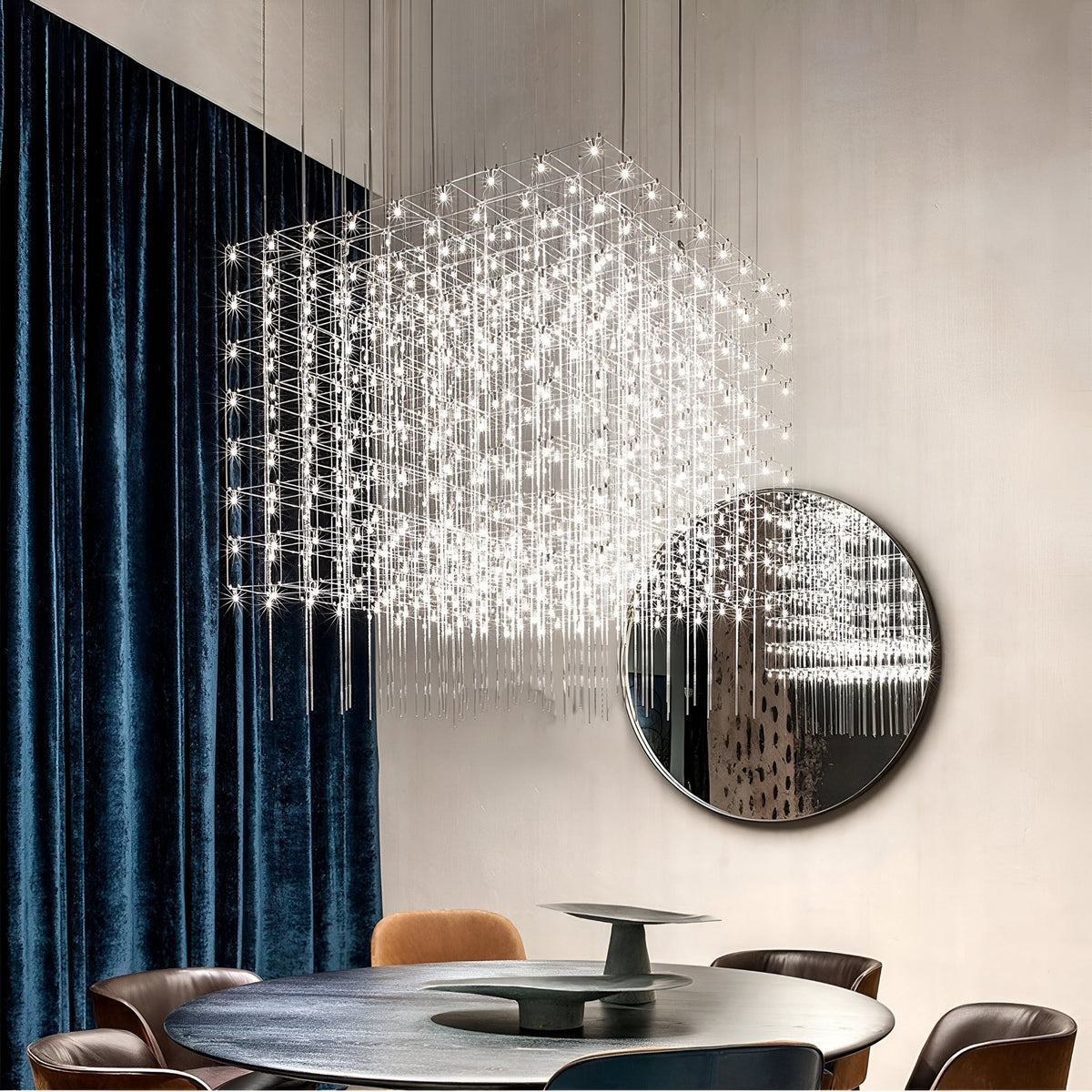 Lustre cube en grille d'acier inoxydable à points LED, vue 2