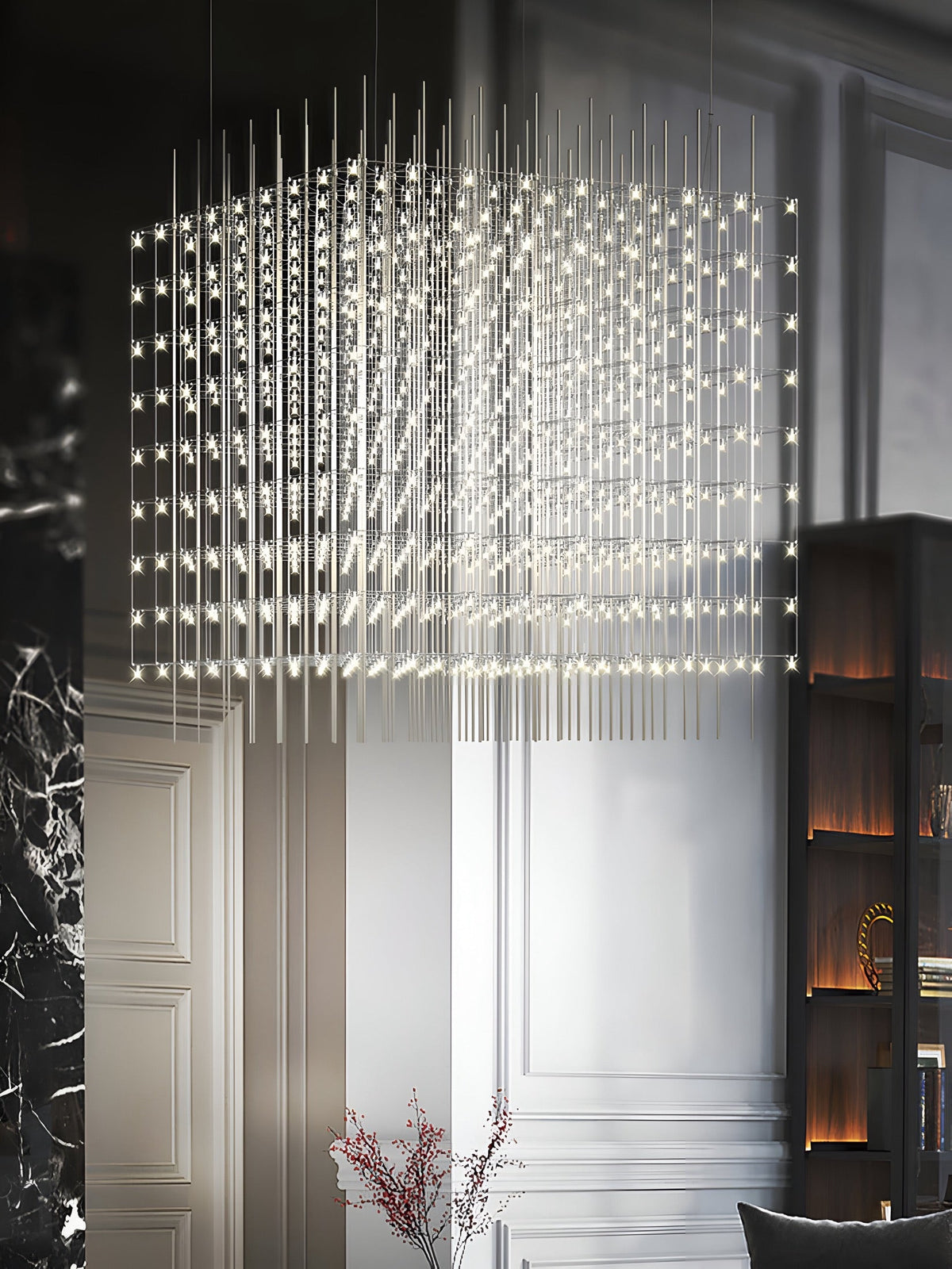 Lustre cube en grille d'acier inoxydable à points LED, vue 5