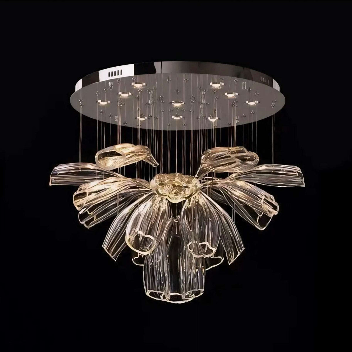 Lustre fleur de lotus en verre et acier argenté, vue 2