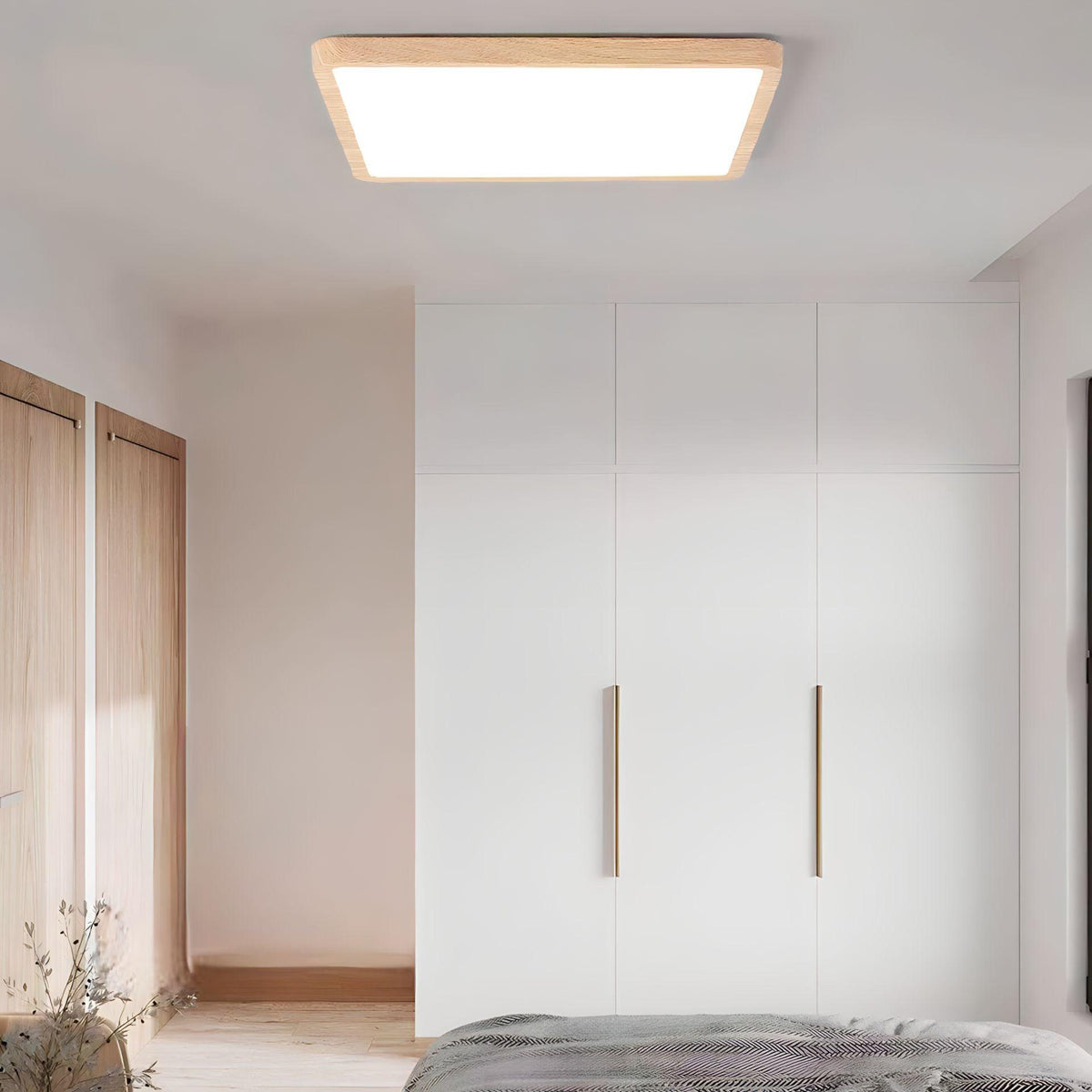 Plafonnier carré LED extra-plat, effet bois, noir ou blanc, vue 2