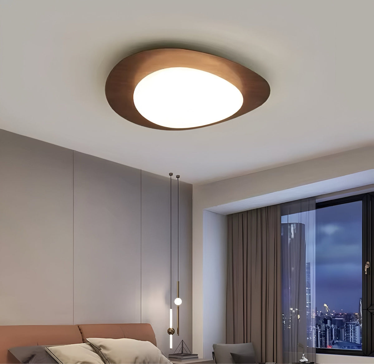 Plafonnier effet bois asymétrique avec télécommande, vue 2