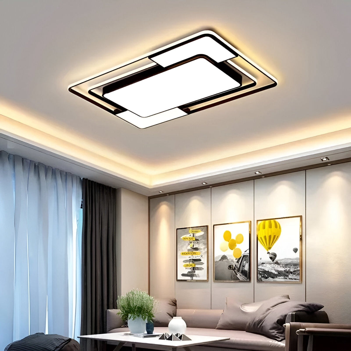Plafonnier moderne à trois surfaces lumineuses noir et blanc, vue 2